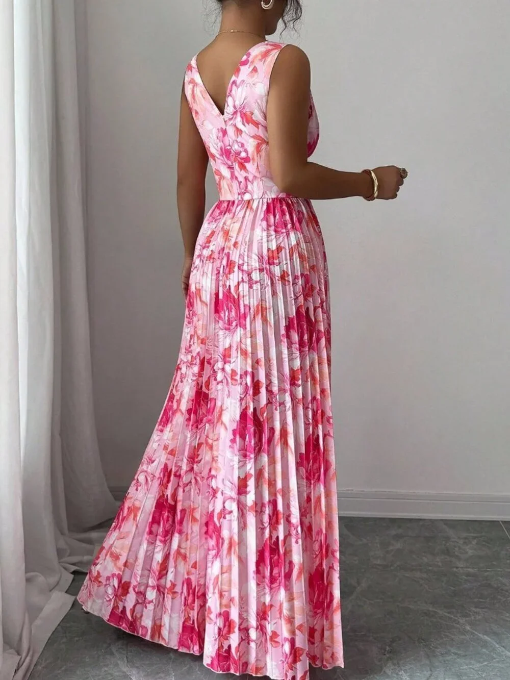 Multicolor Sexy Women's Sleeveless V-Neck A-Line Ruffle Floral Romantic Dress